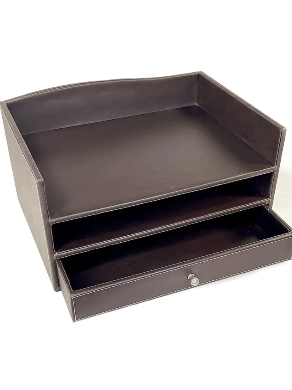 Brown Leather Multi-Tier Desk Organizer